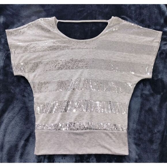 2 Hearts Tops - Women's Two Hearts Gray w/Silver Sequins Striped Top (Size Lg)